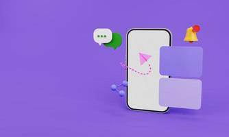 3D-Rendering-Smartphone mit Symbolen auf violettem Hintergrund. Benachrichtigungsglocke. foto