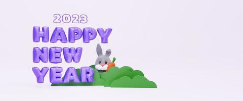 3D lila Ballon des neuen Jahres 2023 mit Kaninchenstrauch. Banner 3D-Darstellung. neujahrsfeierkonzept foto