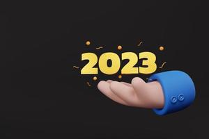 3D-Illustrationskonzept der Hand, die die Zahl 2023 schwebend und Konfetti hält. neujahrsfeierkonzept foto