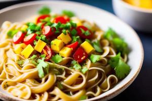 leckere Nudeln. Fast-Food-Mahlzeit mit appetitlichen Nudeln und Essstäbchen. foto