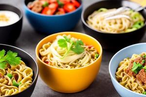 leckere Nudeln. Fast-Food-Mahlzeit mit appetitlichen Nudeln und Essstäbchen. foto