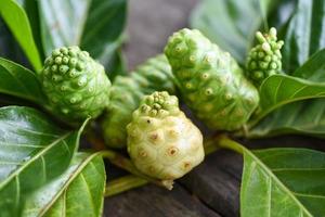 Noni-Frucht auf Holzhintergrund Frisches reifes und rohes Noni-Blatt Great Morinda Noni oder Morinda Citrifolia foto