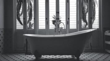 vintage badewanne mit fenster oder tür und weinrebe, kriechende pflanze oder baumhintergrund im monochromen stil. Retro-Objekt- und Raumgestaltung in Schwarz-Weiß-Ton. schönes Badezimmer foto