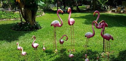 viele rosa kleine und große flamingostatuen auf rasen oder feld mit baumhintergrund im park. Objekt oder Tier zur Dekoration von Garten und Ort. foto