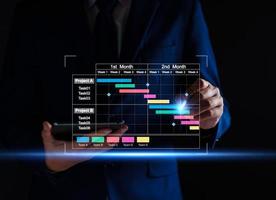 Projektmanager, der am Tablet arbeitet und die Fortschrittsplanung von Aufgaben und Meilensteinen mit der Gantt-Diagramm-Planungsschnittstelle für das Unternehmen auf dem virtuellen Bildschirm aktualisiert. Projektmanagementsystem für Unternehmen. foto