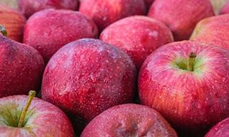 Rote reife Äpfel in Wassertropfen, Nahaufnahme, saisonale landwirtschaftliche Produkte, Obsternte, Bio-Produkte im Laden, Idee für einen Hintergrund foto