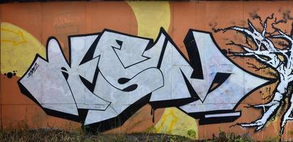 ein Foto eines detaillierten Wandkunstwerks. Graffiti-Zeichnung besteht aus weißer Farbe mit schwarzen Umrissen und hat einen monophonen orangefarbenen Hintergrund. Textur der Wand mit Graffiti-Dekoration