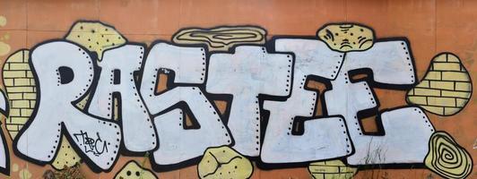 ein Foto eines detaillierten Wandkunstwerks. Graffiti-Zeichnung besteht aus weißer Farbe mit schwarzen Umrissen und hat einen monophonen orangefarbenen Hintergrund. Textur der Wand mit Graffiti-Dekoration