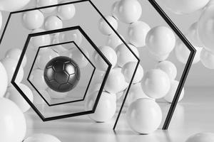 3D-Fußball-Objektdesign. realistische Wiedergabe. abstrakter futuristischer hintergrund. 3D-Darstellung. Konzept der Bewegungsgeometrie. Grafik des Sportwettbewerbs. Inhalt von Turnierspielwetten. Fußballelement. foto