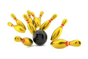 Bowling-Action-Ball schlägt die goldenen Bowling-Pins auf weißem Hintergrund. 3D-Darstellung rendern foto