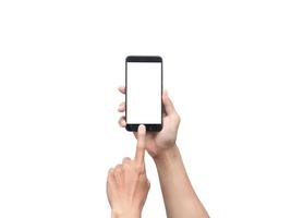 männliche hand, die smartphone und touchscreen isoliert hält foto