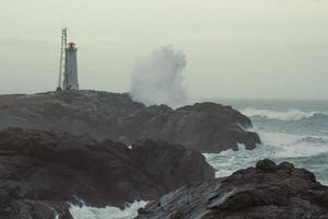 Leuchtturm an felsiger Küste bei Sturmlandschaftsfoto foto