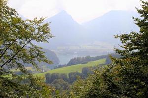 reise nach sankt-wolfgang, österreich. der blick auf einen wald und eine wiese mit einem see und den bergen im hintergrund. foto