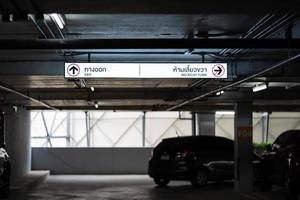 Parkplatz-Beleuchtungsbox wird an der Decke aufgehängt. Der thailändische Laungae-Buchstabe auf dem Beleuchtungskasten auf der linken Seite bedeutet Ausgang und die rechte Seite bedeutet kein Rechtsabbiegen foto