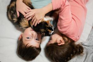 bruder und schwester mit kitty cat liegen auf dem sofa. Kinderliebe für Haustiere. foto