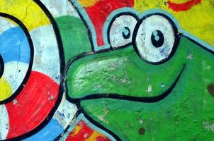 Straßenkunst. abstraktes Hintergrundbild eines vollständig abgeschlossenen Graffiti-Gemäldes mit Cartoon-Frosch und Lutscher foto