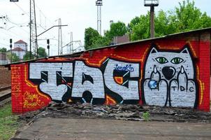 Straßenkunst. abstraktes Hintergrundbild eines vollständig abgeschlossenen Graffiti-Gemäldes in Chrom mit Cartoon-Katzenfigur foto
