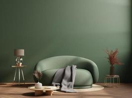Wandmodell in dunklen Tönen mit grünem Sofa auf grünem Wandhintergrund. foto
