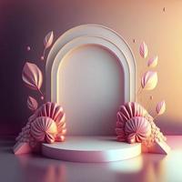 Luxuspodium 3D-Illustration mit eleganter rosa Farbe und abstrakter Blumenkranzverzierung für die Produktpräsentation foto