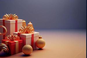 weihnachtshintergrund mit goldener und glänzender geschenkboxverzierungsdekoration foto