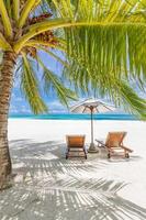 tropische Strandnatur als Sommerlandschaft mit Liegestühlen und Palmen ruhiges Meer für Strand-Relax-Banner. luxusreiselandschaft, schönes ziel für urlaub oder urlaub. paar strand landschaftlich foto