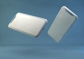 rahmenloses Smartphone-Modell. 3D-Darstellung eines brandneuen iPhones in silberner Farbe - Vorlage mit leerem Bildschirm für die Anwendungspräsentation. foto