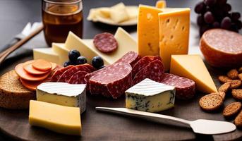Professionelle Food-Fotografie Nahaufnahme einer Käse- und Wurstplatte, die auf einem Tisch sitzt foto