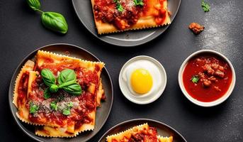 professionelle Food-Fotografie Nahaufnahme eines Tellers Lasagne auf dunkelgrauem Hintergrund foto