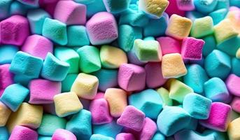 -professionelle Lebensmittelfotografie Nahaufnahme eines Marshmallows. Kaubonbons Nahaufnahme auf türkisfarbenem Hintergrund foto