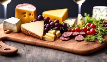 Professionelle Food-Fotografie Nahaufnahme einer Käse- und Wurstplatte, die auf einem Tisch sitzt foto