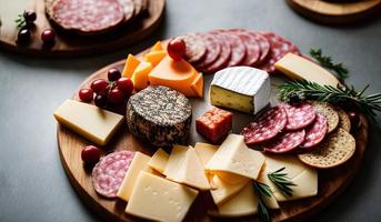 Professionelle Food-Fotografie Nahaufnahme einer Käse- und Wurstplatte, die auf einem Tisch sitzt foto