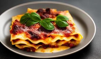 professionelle Food-Fotografie Nahaufnahme eines Tellers Lasagne auf dunkelgrauem Hintergrund foto