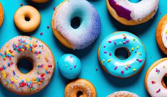 Professionelle Lebensmittelfotografie Nahaufnahme verschiedener dekorierter beweglicher Donuts, die auf blauen Hintergrund fallen foto