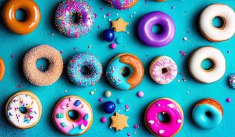 Professionelle Lebensmittelfotografie Nahaufnahme verschiedener dekorierter beweglicher Donuts, die auf blauen Hintergrund fallen foto