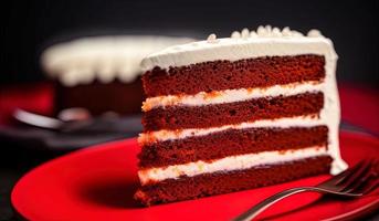 Professionelle Food-Fotografie eines Stück Kuchens auf einem roten Teller foto