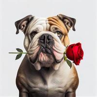 3D-Rendering bezaubernde Nahaufnahme einer Bulldogge, die rote Rose im Mund hält, isoliert weißen Hintergrund. foto