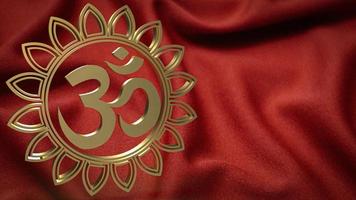 Das goldene Ohm-Hindu-Symbol auf roter Seide für das 3D-Rendering des Hintergrundkonzepts foto