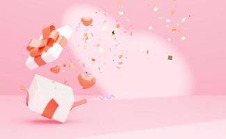 3D-Überraschungsbox auf rosa Hintergrund, offene Geschenkbox, rotes Herz. 3D-Rendering foto