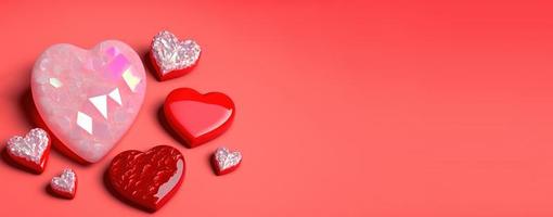 glitzernde 3d-herz-, diamant- und kristallillustration für valentinstagdesignhintergrund und -fahne foto