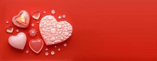 Valentinstag 3D-Herz-Illustration und Diamant-Kristall-Design-Banner und Hintergrund foto