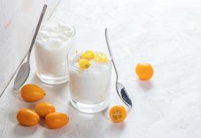 zwei Gläser mit Joghurt und ganzen und geschnittenen Kumquats auf weißem Hintergrund. foto