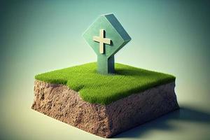 Haussymbol mit Standortstiftsymbol auf der Erde und grünem Gras im Immobilienverkauf foto