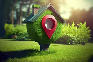 Haussymbol mit Standortstiftsymbol auf der Erde und grünem Gras im Immobilienverkauf foto