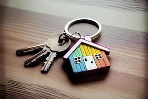 Immobilienkonzept - Schlüsselanhänger und Schlüssel auf weißem Holzhintergrund foto