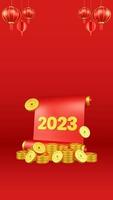 chinesische neujahrsillustration 3d mit verzierung für veranstaltungsförderung social media-zielseite rote laternen mit papierrolle und münzen asiatische papierlampen foto