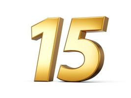 goldene metallische Nummer 15 fünfzehn, weißer Hintergrund 3D-Darstellung foto