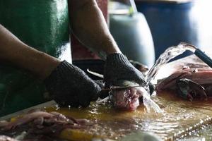 männliche malediven handreinigung fisch auf dem markt foto