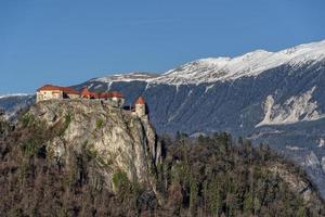 Bleder See Burg Luftbild Panorama im Winter foto