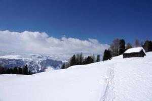 eine Holzhütte im Winterschneehintergrund foto