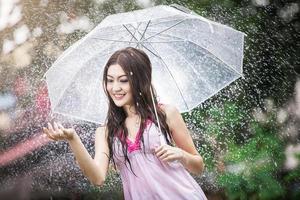 schönes Mädchen im Regen mit transparentem Regenschirm